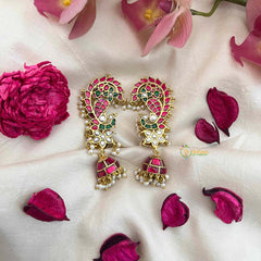 Vriksham Premium Peacock Kundan Jadau Ear Cuff With Jhumka-Red Green & White-Pearls-J4072