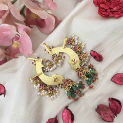 Vriksham Majestic Crescent Kundan Jhumkas With Earcuff-Red White-Green Bead-Pearl-J3644