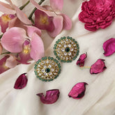 Vriksham Traditional Floral White Kundan Stud Earrings – Emerald Green Accents-J3645