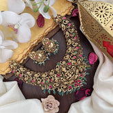 Vriksham Lakshmi with Dual Elephant Peacock Jadau Short Neckpiece-Pastel Green Bead-G17838