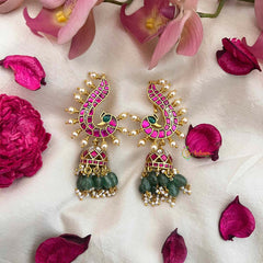 Vriksham Royal Peacock Kundan Jadau Ear Cuff With Jhumka-Pearls Detailing-Green Bead-J4069