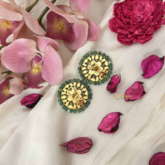 Vriksham Traditional Floral White Kundan Stud Earrings – Emerald Green Accents-J3645