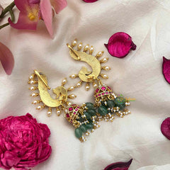 Vriksham Royal Peacock Kundan Jadau Ear Cuff With Jhumka-Pearls Detailing-Green Bead-J4069