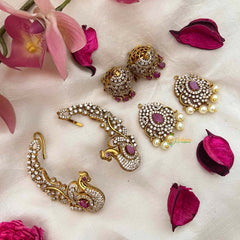 Vriksham Royal Peacock CZ & Red Ear Cuff with Matching Earrings With Ear Cuffs-G21428