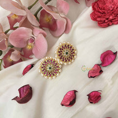 Vriksham Classic Gold-Tone Kundan Jadau Studs Earring -Red White & Green-Pearl-J3648