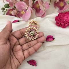 Vriksham Classic Gold-Tone Kundan Jadau Studs Earring -Red White & Green-Pearl-J3648