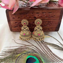 Vriksham Elegant Bell-Shaped Antique Gold With Pink Gemstone Accents Jhumka Earrings-Gold Bead-G21429