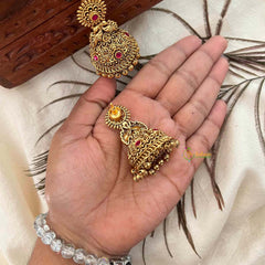 Vriksham Elegant Bell-Shaped Antique Gold With Pink Gemstone Accents Jhumka Earrings-Gold Bead-G21429
