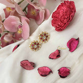 Vriksham Floral Kundan Jadau Studs Earrings-Red White-Pearl-J3651