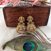 Vriksham Antique Gold Temple Lakshmi Jhumkas Earrings-Red Green-Gold Bead-G21432