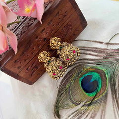 Vriksham Antique Gold Temple Lakshmi Jhumkas Earrings-Red Green-Gold Bead-G21432