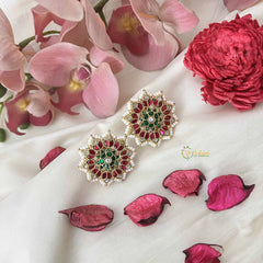 Vriksham Star Style Pearl-Framed Jadau Studs Earrings-Red White & Green Floral Design-J3653