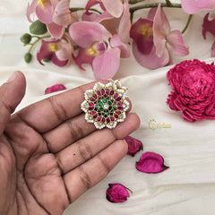 Vriksham Star Style Pearl-Framed Jadau Studs Earrings-Red White & Green Floral Design-J3653