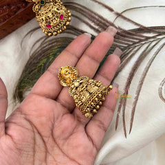 Vriksham Antique Gold Temple Lakshmi Jhumkas Earrings-Red Green-Gold Bead-G21432