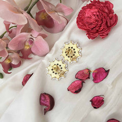 Vriksham Star Style Pearl-Framed Jadau Studs Earrings-Red White & Green Floral Design-J3653