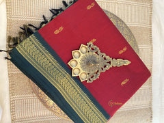 Red With Dark Green Border -Kalyani Cotton Saree - VS3730