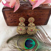 Vriksham Elegant Bell-Shaped Antique Gold With Pink & Green Gemstone Accents Jhumka Earrings-Gold Bead-G21430