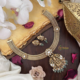 Vriksham Premium Lakshmi Pendant Jadau Addigai-White-Pastel Green Bead-G17854