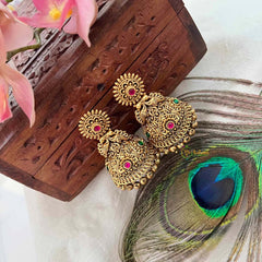 Vriksham Elegant Bell-Shaped Antique Gold With Pink & Green Gemstone Accents Jhumka Earrings-Gold Bead-G21430