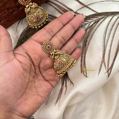 Vriksham Elegant Bell-Shaped Antique Gold With Pink & Green Gemstone Accents Jhumka Earrings-Gold Bead-G21430