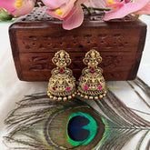 Vriksham Antique Gold Temple Lakshmi Jhumkas Earrings-Red-Gold Bead-G21431