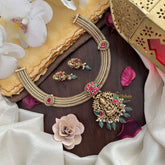 Vriksham Premium Lakshmi Pendant Jadau Addigai-Red Green-Pastel Green Bead-G17826