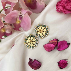 Vriksham Pearl-Framed Floral Elegance Kundan Jadau & Mint Green Beaded Stud Earrings-J3656