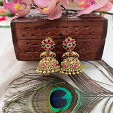 Vriksham Classic Gold Temple Floral Jhumkas Earrings-Red Green-Gold Bead-G21433