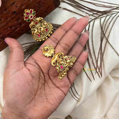 Vriksham Classic Gold Temple Floral Jhumkas Earrings-Red Green-Gold Bead-G21433