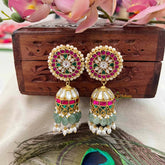Vriksham Antique Floral Kundan Jadau Jhumka-Red Green & White-Green Bead & Rice Pearls-J4073