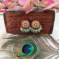 Vriksham Elegant Floral Jadau Kundan Stud-Green Beads-J4074