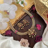 Vriksham Premium Lakshmi Dual Peacock Jadau Addigai-Red Green-Gold Bead-G17821