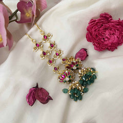 Vriksham Royal Lotus With Maatil Green Bead Drops Kundan Jadau Jhumkas-Pearl-J3662