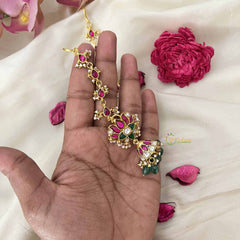 Vriksham Royal Lotus With Maatil Green Bead Drops Kundan Jadau Jhumkas-Pearl-J3662