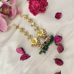 Vriksham Royal Lotus With Maatil Green Bead Drops Kundan Jadau Jhumkas-Pearl-J3662