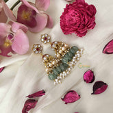 Vriksham Mughal Pearl Studded Tops Kundan Jadau Jhumkas-Green Bead & Rice Pearl-J3663