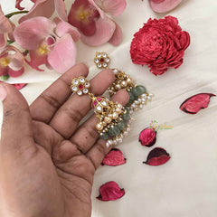 Vriksham Mughal Pearl Studded Tops Kundan Jadau Jhumkas-Green Bead & Rice Pearl-J3663