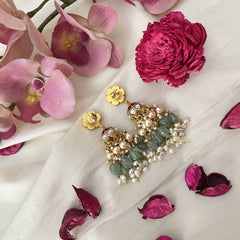 Vriksham Mughal Pearl Studded Tops Kundan Jadau Jhumkas-Green Bead & Rice Pearl-J3663