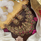 Vriksham Dual Peacock Lakshmi Short Neckpiece-Red Green-Gold Bead-G17850