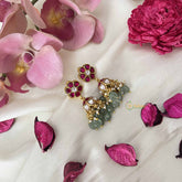 Vriksham Ruby Blossom Kundan Jadau Jhumkas-Green Bead & Pearl-J3664