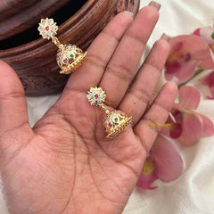 Vriksham Micro Gold Finish Floral With Ruby & Emerald & White Kemp Stones Jhumkas-G21436