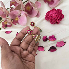 Vriksham Ruby Blossom Kundan Jadau Jhumkas-Green Bead & Pearl-J3664