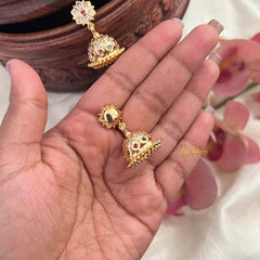 Vriksham Micro Gold Finish Floral With Ruby & Emerald & White Kemp Stones Jhumkas-G21436