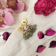 Vriksham Ruby Blossom Kundan Jadau Jhumkas-Green Bead & Pearl-J3664