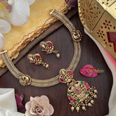 Vriksham Premium Lakshmi Dual Elephant Pendant Jadau Addigai-Red Green-Gold Bead-G17824