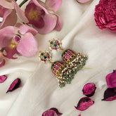 Vriksham Bridal Ethnic Chandbali Style Kundan Jadau Jhumkas-Red White & Green-Pearl & Green Bead-J3666