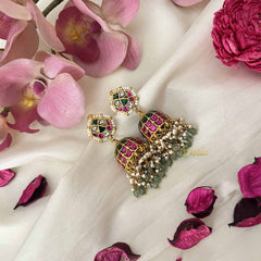 Vriksham Bridal Ethnic Chandbali Style Kundan Jadau Jhumkas-Red White & Green-Pearl & Green Bead-J3666
