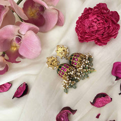 Vriksham Bridal Ethnic Chandbali Style Kundan Jadau Jhumkas-Red White & Green-Pearl & Green Bead-J3666