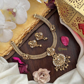 Vriksham Premium Lakshmi Dual Elephant Pendant Jadau Addigai-White-Gold Bead-G17823