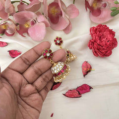 Vriksham Statement With Floral Studs and Pearl Fringe Kundan Jadau Jhumkas-J3669